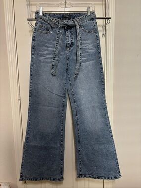 Chic Me Medium Denim Flares with Studded Self-Tie Belt